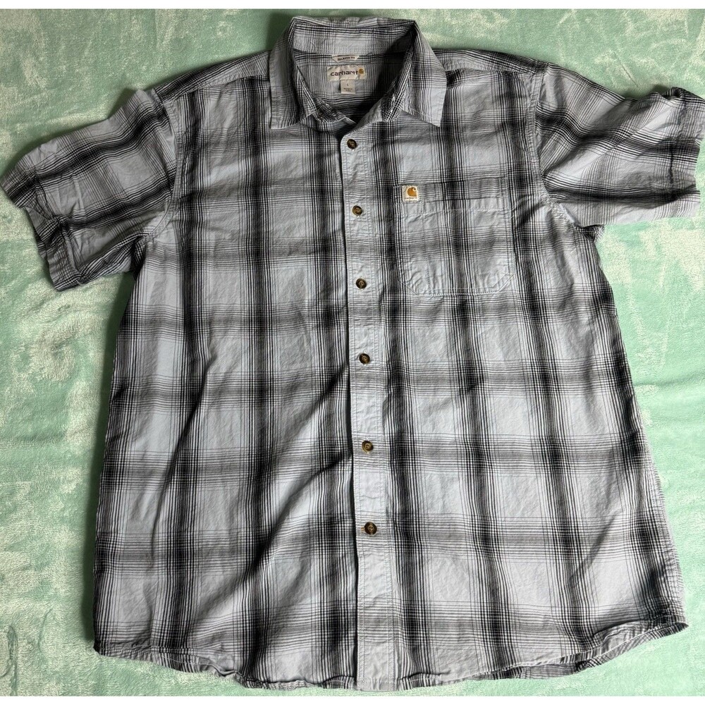 Carhartt Mens Relaxed Fit Short Sleeve Plaid Button Up Shirt Gray Large